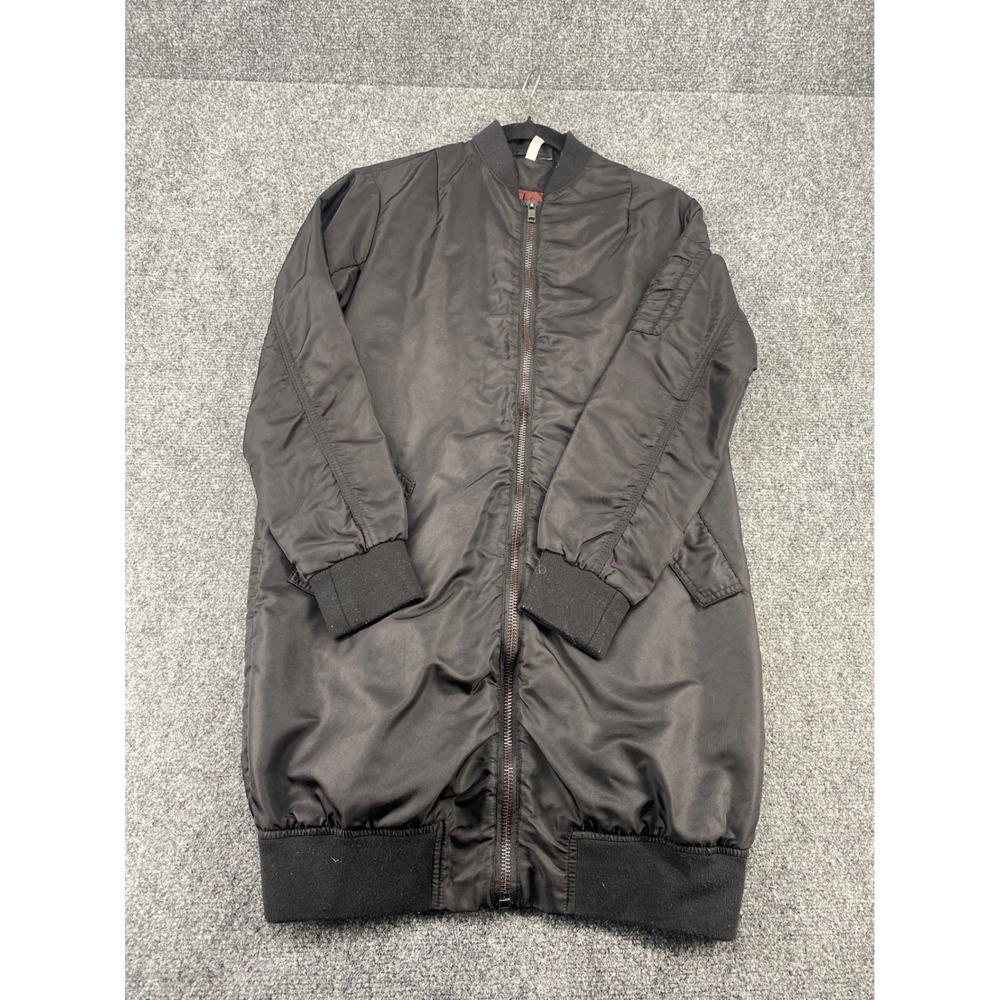 H&M Divided Longline Bomber Jacket Women 6 Black Ruched Back Utility Coat Zip